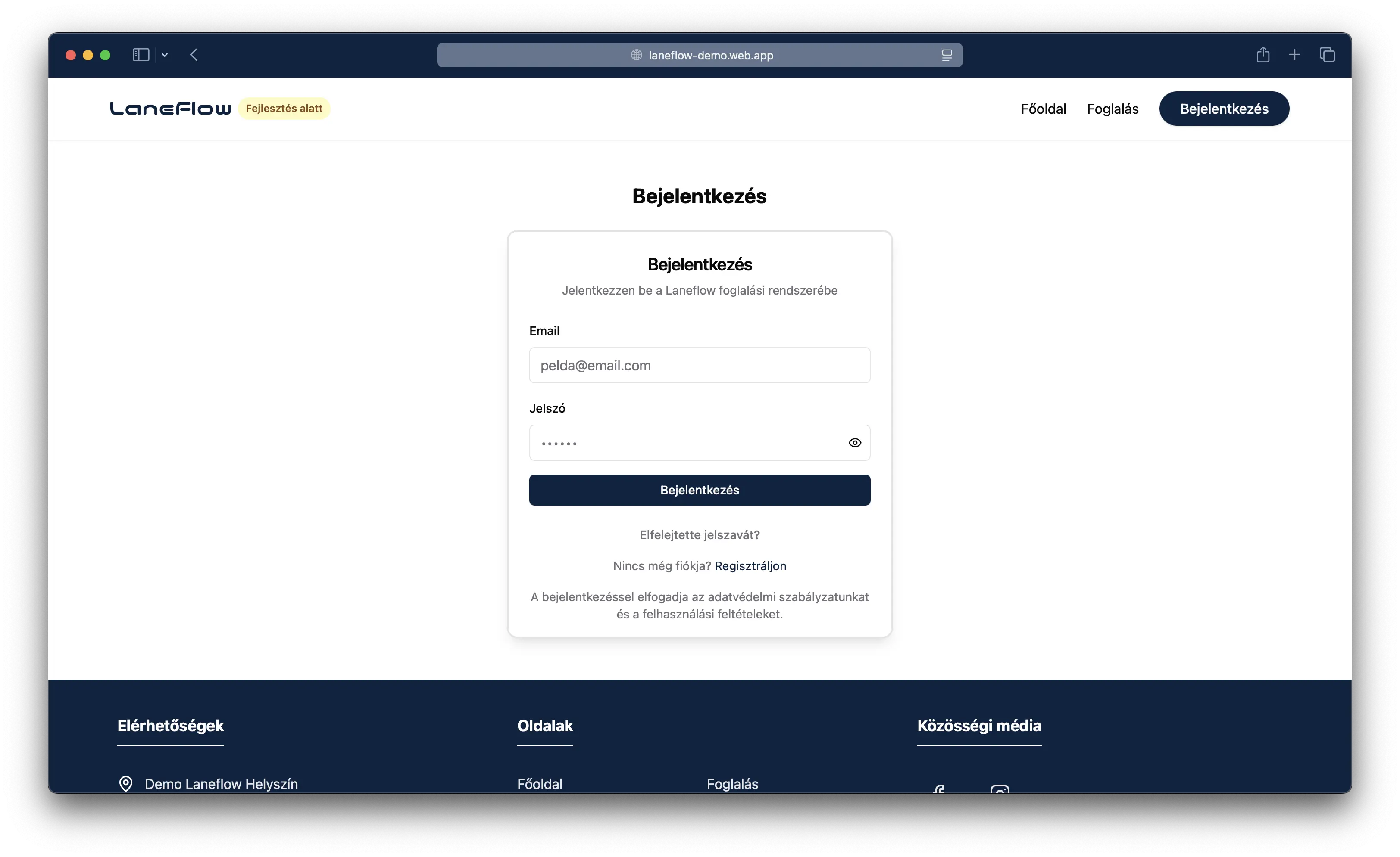LaneFlow foglalási rendszer - Bejelentkezés