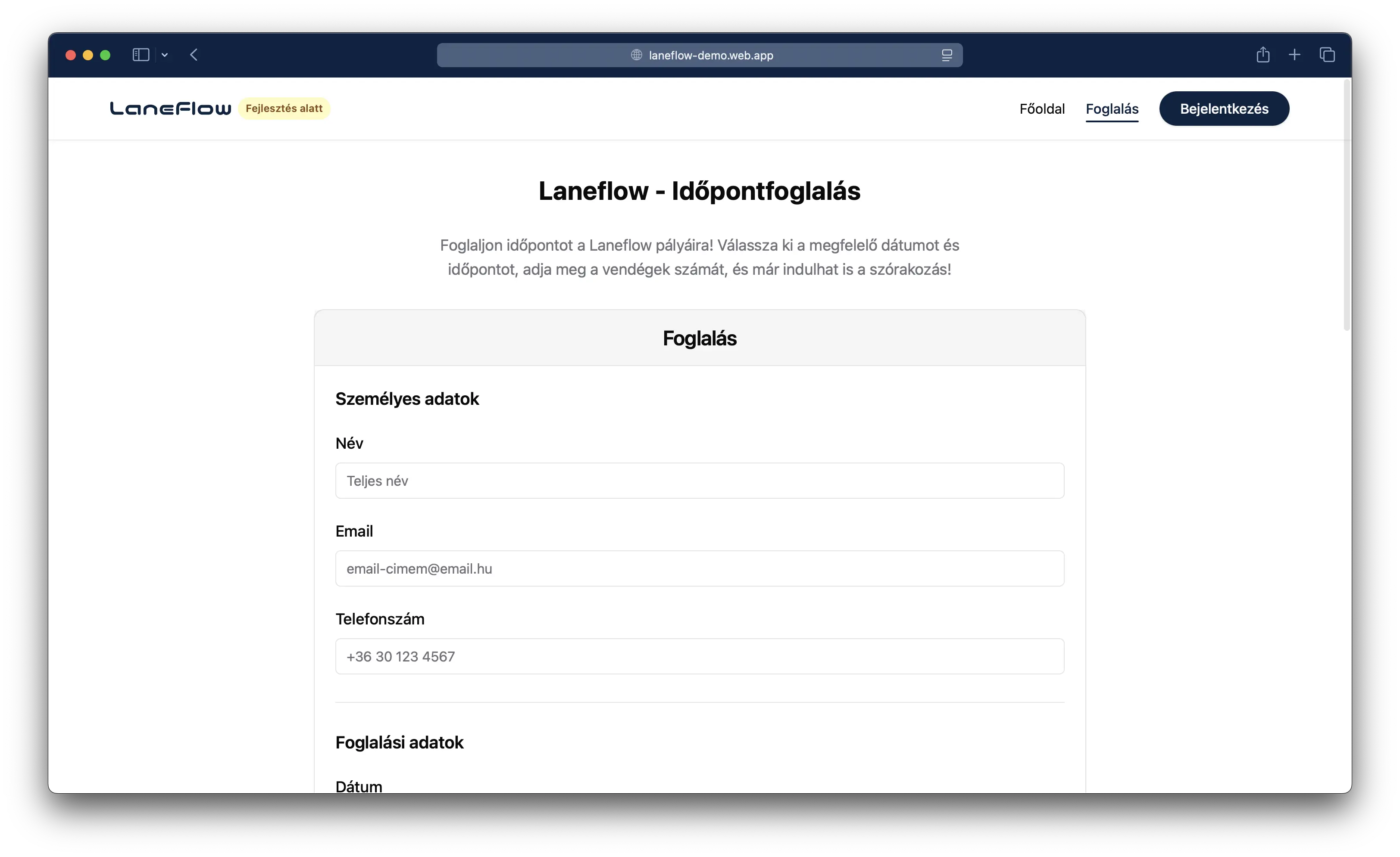 LaneFlow foglalási rendszer - Foglalás
