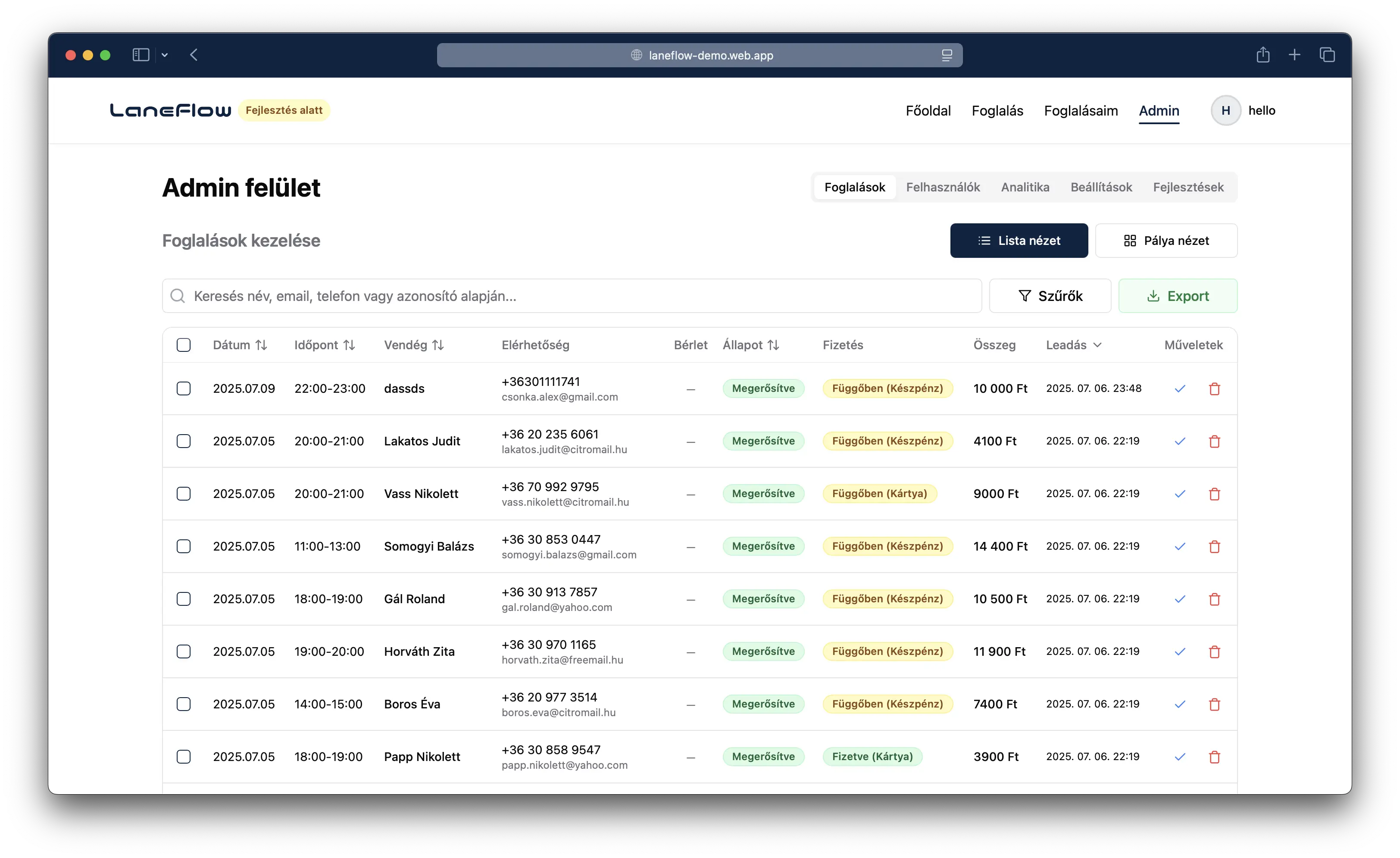 LaneFlow foglalási rendszer - Lista nézet