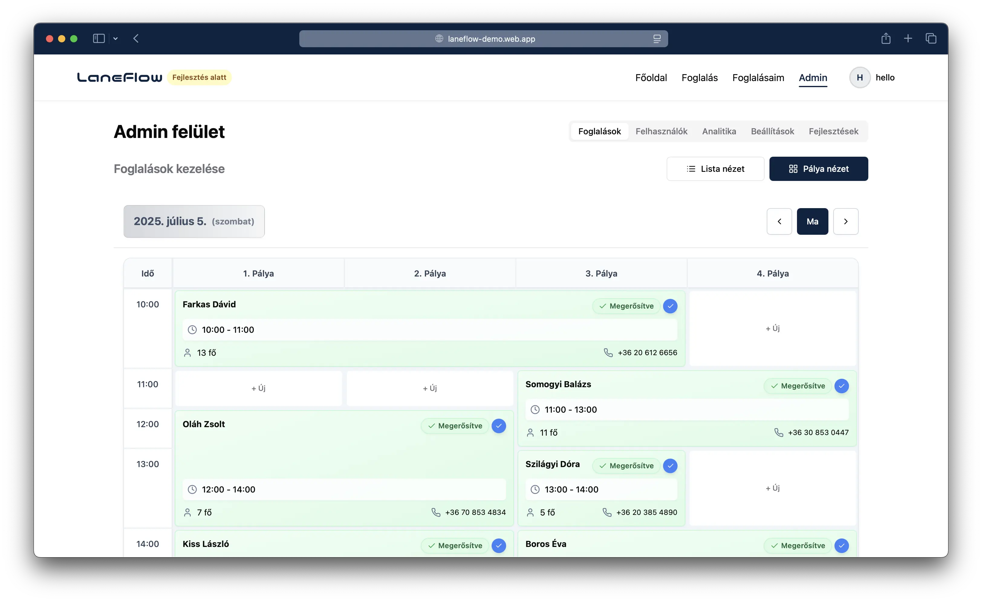 LaneFlow foglalási rendszer - Pálya kezelés