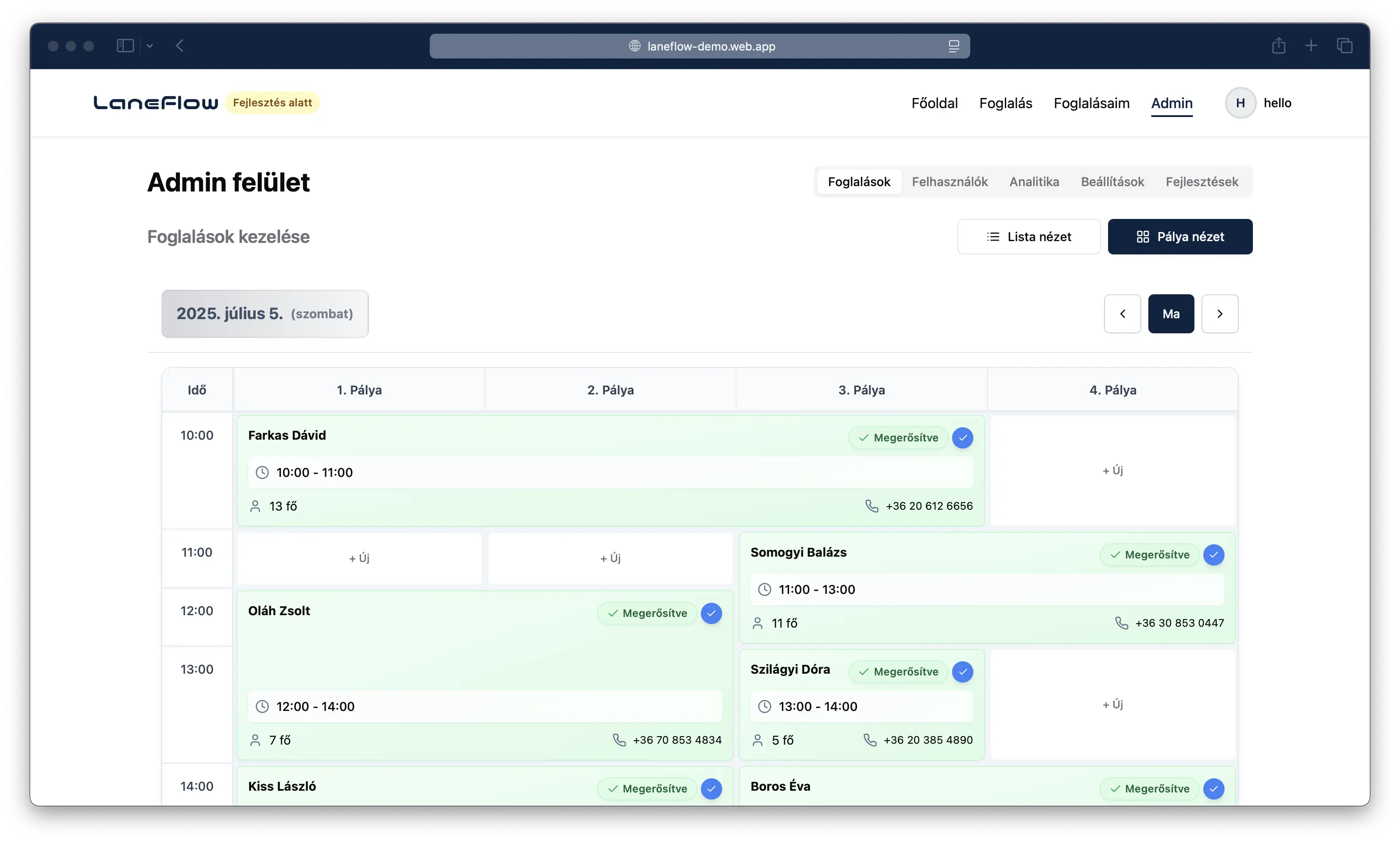LaneFlow foglalási rendszer - Pálya nézet