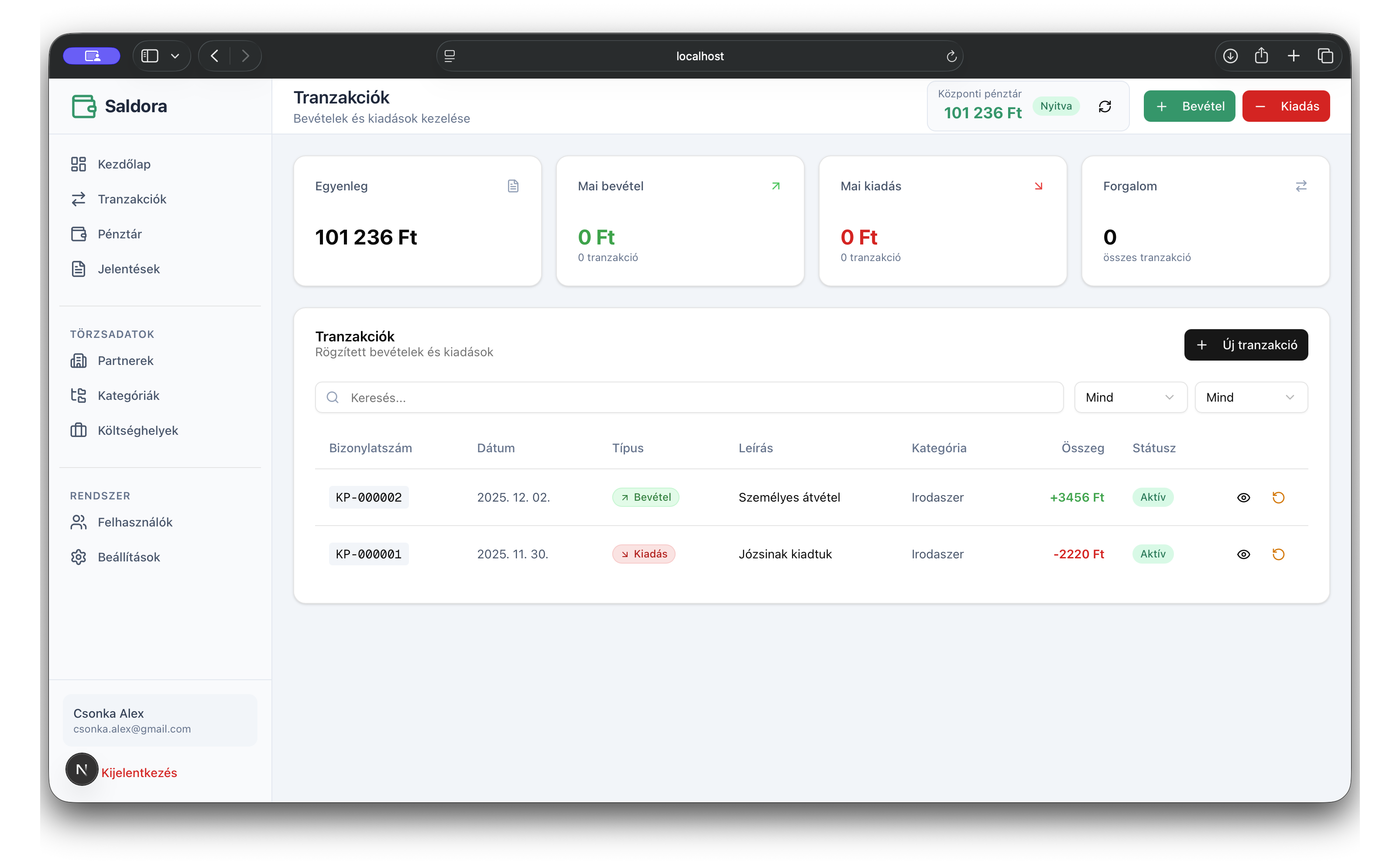 Saldora házipénztár - Tranzakciók