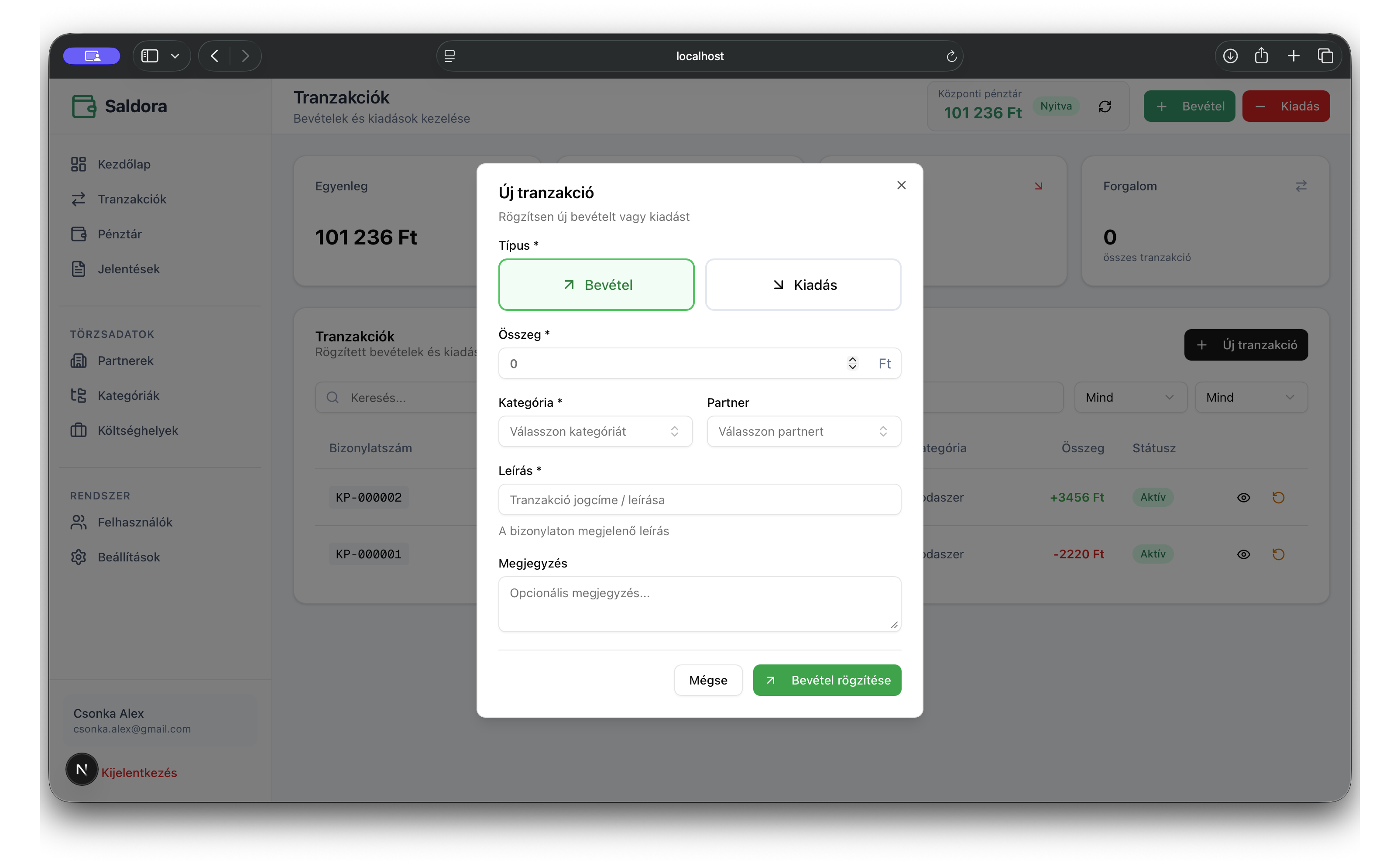 Saldora házipénztár - Új tranzakció